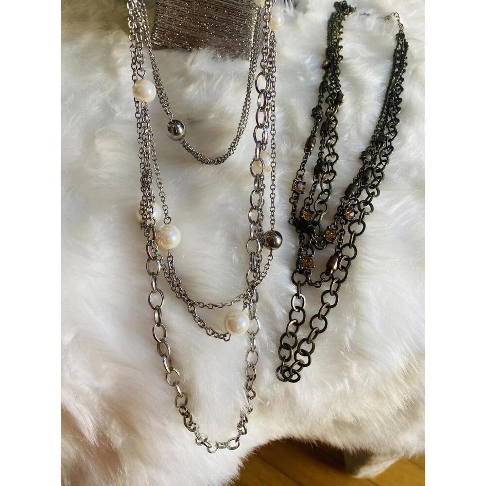 Bundle of Two Women's Multi-Chain Necklaces with Pearls and Rhinestones